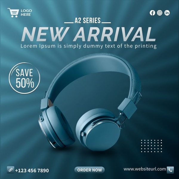 A high-contrast promotional graphic for headphones featuring a bold 50% discount callout and clean typography.