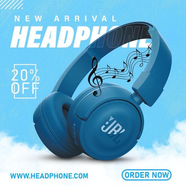A clean, blue-toned product creative featuring headphones with musical elements and a clear 20% discount offer.