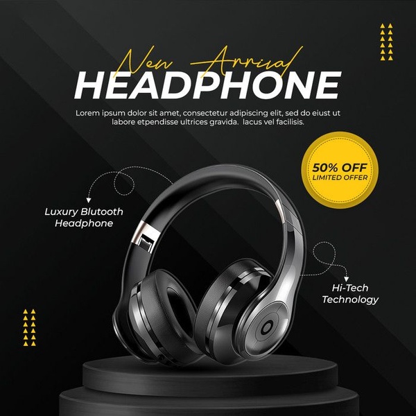 A high-end, minimalist advertisement featuring premium headphones on a display podium, highlighting a 50% limited time discount.