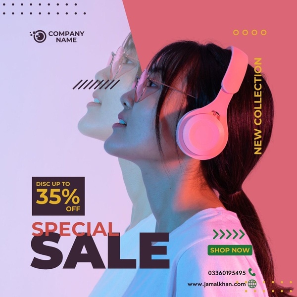 A high-energy, dual-toned creative featuring headphones, utilizing a split-screen layout and neon lighting to emphasize a 35% discount offer.