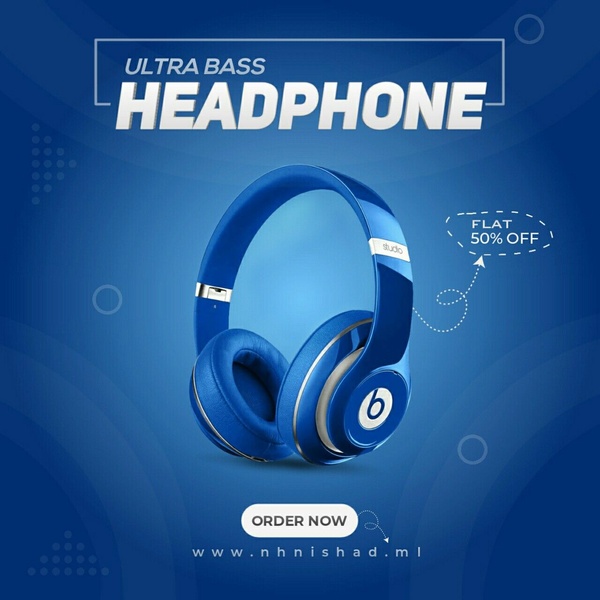 A high-contrast, minimalist promotional graphic for over-ear headphones featuring a clear 50% discount call-to-action against a deep blue background.