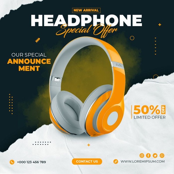 A 1:1 ratio digital ad featuring a vibrant orange headphone model set against a dark background with bold typography and a clear 50% discount announcement.