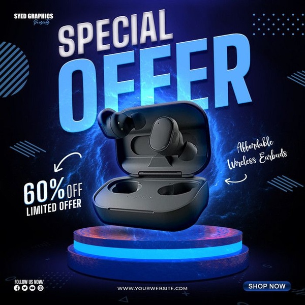 A promotional ad featuring wireless earbuds on a glowing pedestal with a clear 60% off call-to-action.