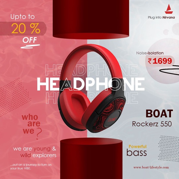 A clean, studio-lit hero shot of wireless headphones framed by circular product platforms, clearly displaying discount percentages and pricing.