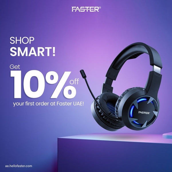 A clean, studio-lit promotional graphic for a gaming headset offering a 10% discount for first-time buyers.