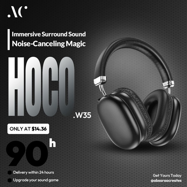 A high-contrast, minimalist promotional advertisement showcasing the HOCO W35 headphones with a focus on price and noise-canceling capabilities.