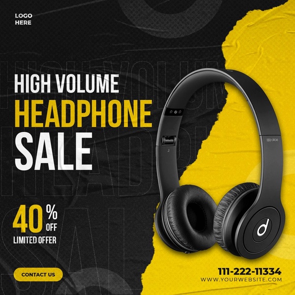 A high-contrast square promotional graphic featuring a professional product shot of black headphones against a textured black and yellow background, highlighting a 40% discount.