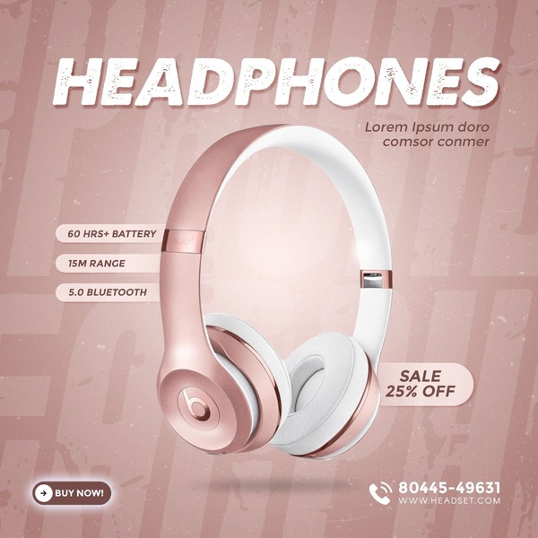 A clean, high-contrast ad featuring a product hero shot of headphones against a minimalist background with key specifications and a sale incentive.