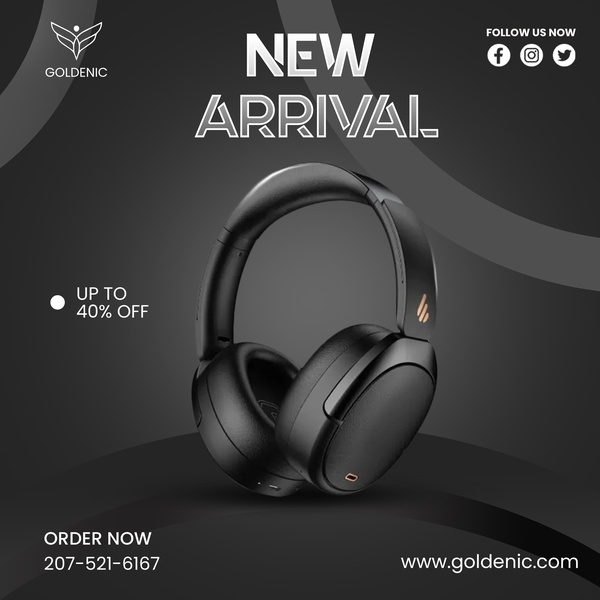A high-contrast, minimalist promotional graphic for wireless headphones featuring a clear new arrival announcement and discount incentive.