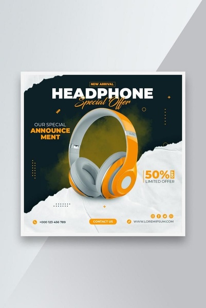 A high-contrast social media ad featuring a product-centered discount offer for headphones with a bold, torn-paper aesthetic.