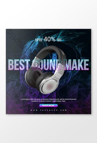 A high-contrast advertisement for headphones featuring a dark, smoky blue and purple background with bold promotional text.