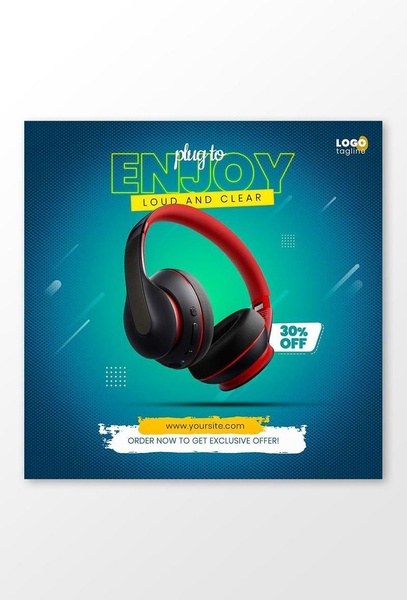 A vibrant, product-focused ad for headphones featuring a bold 30% discount offer and a high-contrast aesthetic against a blue textured background.
