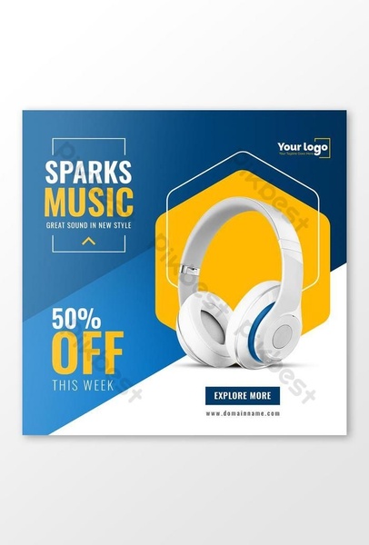 A high-contrast, clean advertisement featuring white wireless headphones set against a bold yellow hexagon and blue background to highlight a 50% off promotion.
