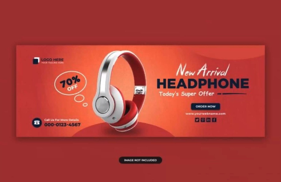 A high-conversion sales ad featuring a 70% off discount badge centered around a new headphone model in a high-contrast red environment.