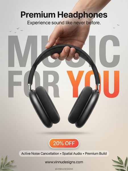 A high-quality product image of noise-canceling headphones being held, featuring bold promotional text and a clear discount offer.