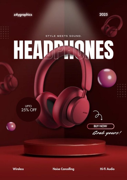 A high-end 3:4 studio shot of headphones resting on a pedestal, emphasizing a sleek, premium aesthetic and a clear promotional offer.
