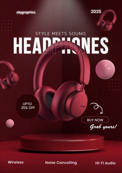 This ad features a 3:4 studio-shot layout of professional wireless headphones, emphasizing a bold red monochromatic color palette and a clear discount incentive.