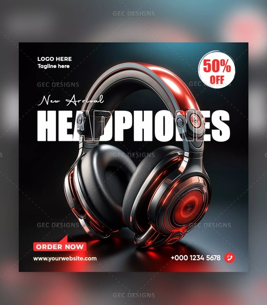 A high-impact, 4:5 vertical ad showcasing professional headphones with a 50% off discount offer.