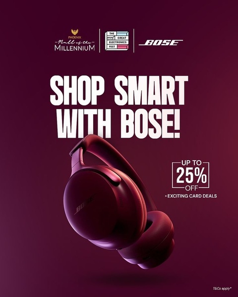 A high-contrast, minimalist promotional graphic showcasing Bose headphones, highlighting a 25% discount and store partnership.