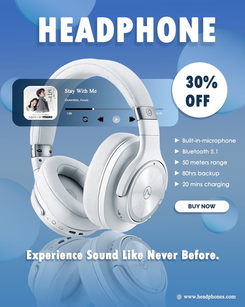 A clean 4:5 ratio ad creative featuring white wireless headphones set against a blue background with a prominent discount offer.