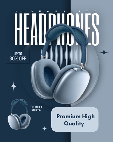 A clean, high-end promotional graphic for high-quality headphones, featuring a 30% discount offer.