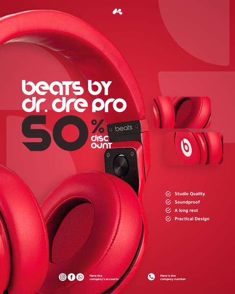 A high-contrast promotional ad for headphones featuring a bold 50% discount offer and a clean, product-focused layout.