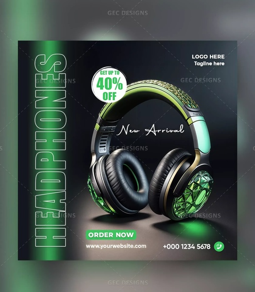 A high-contrast, moody product shot for headphones featuring a neon green aesthetic and a prominent 40% discount offer.