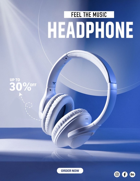 A clean, high-contrast, blue-toned product creative featuring a headphone with a prominent 30 percent off discount indicator.