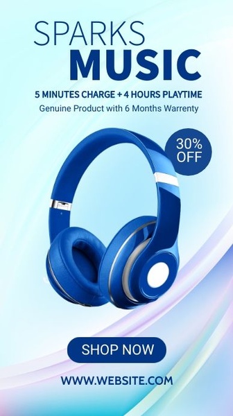 A 9:16 vertical ad creative highlighting a 30% discount on headphones with key battery life specs.