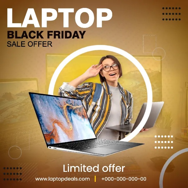 A high-contrast 1:1 square advertisement featuring a central circular cutout of a user with a laptop, flanked by sale messaging.