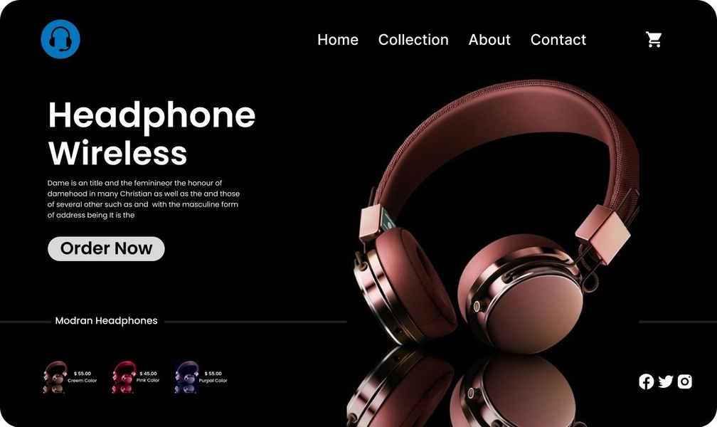 A high-end 16:9 product display featuring wireless headphones in rich brown tones on a sleek black background with a clean, centered interface.
