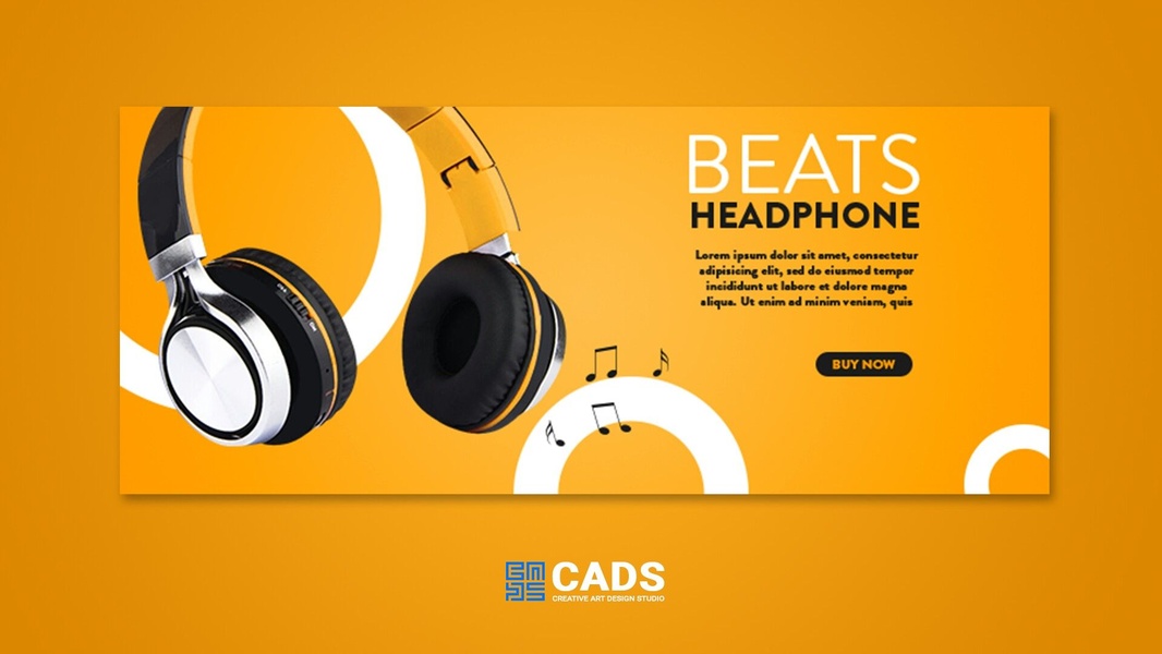 A high-contrast advertisement for headphones featuring a bold orange background, minimalist graphic elements, and a direct CTA.