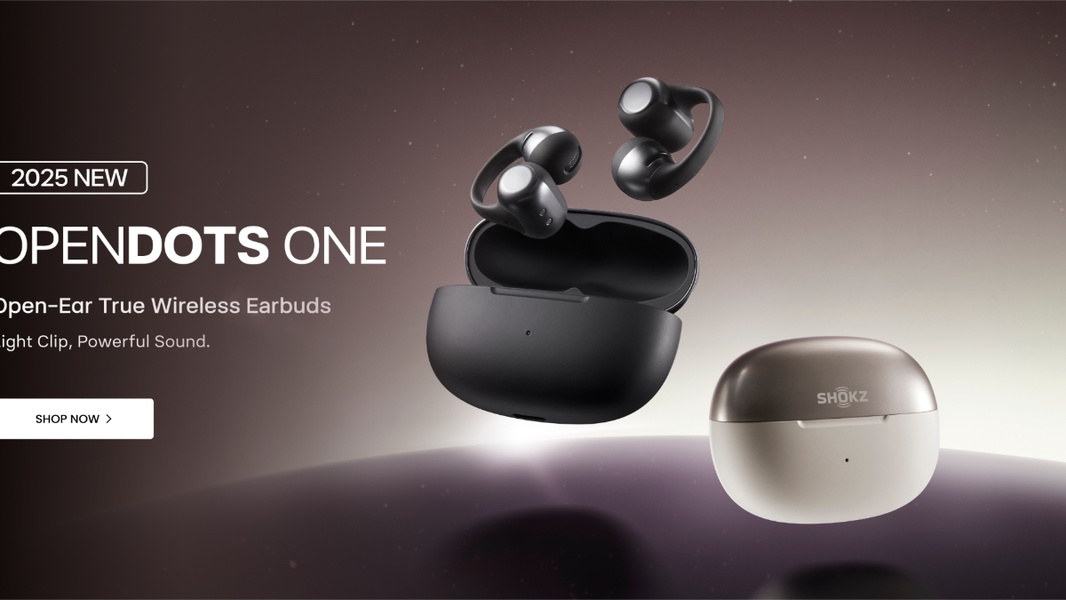A high-fidelity hero shot featuring open-ear true wireless earbuds against a cosmic, gradient background to emphasize a modern and sleek product design.