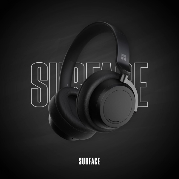 A high-end, dark-themed product shot of over-ear headphones centered against a textured dark background, emphasizing a clean, professional aesthetic.
