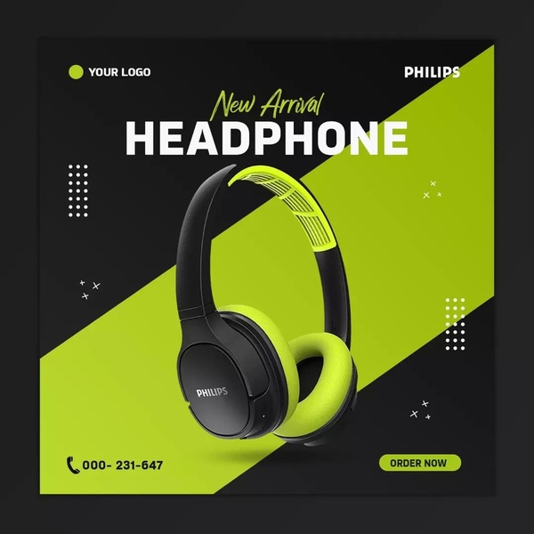 A square-format product hero ad for headphones featuring a bold split-background design with high-visibility neon green and black.