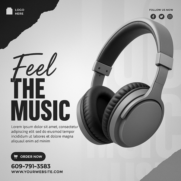 A clean, monochromatic product advertisement for wireless headphones that uses bold typography and high-contrast visuals to drive engagement.