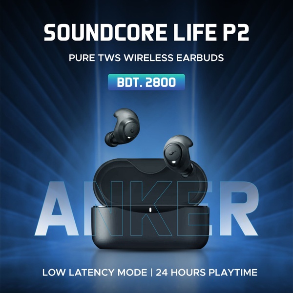A clean, high-contrast studio shot of wireless earbuds showcasing product features against a blue light-burst background.