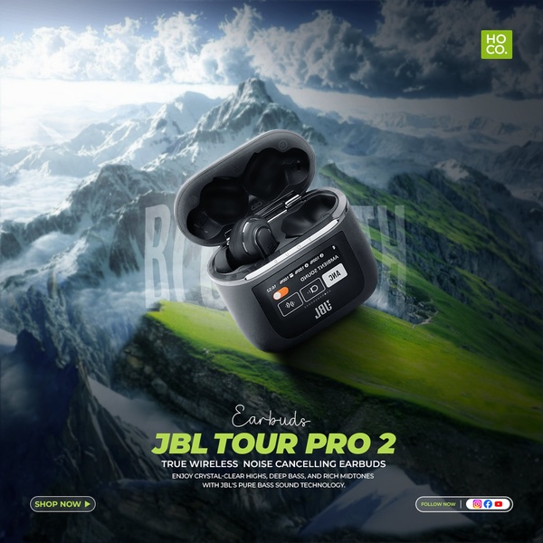 A high-fidelity product showcase featuring wireless earbuds displayed on a surreal, floating mountain peak set against a dramatic sky.