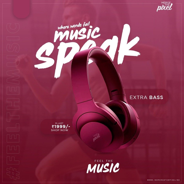 This creative showcases headphones in a monochromatic, high-energy environment using bold, simple typography to highlight features and price.