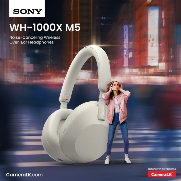 A high-impact product hero shot for wireless headphones, featuring a clean white background, oversized product placement, and a lifestyle model contrast.