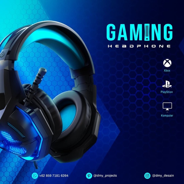 A high-impact product hero shot featuring a gaming headphone with glowing blue accents against a textured, dark geometric background.