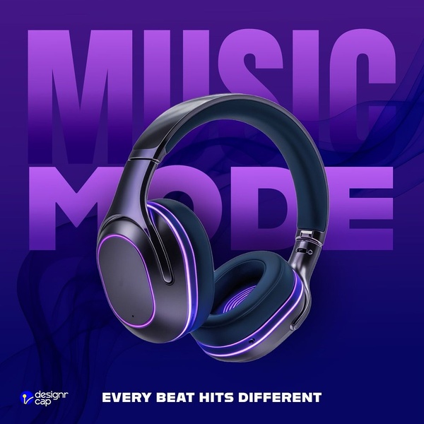 A high-impact, neon-themed promotional image featuring modern over-ear headphones with glowing purple accents and bold typography.