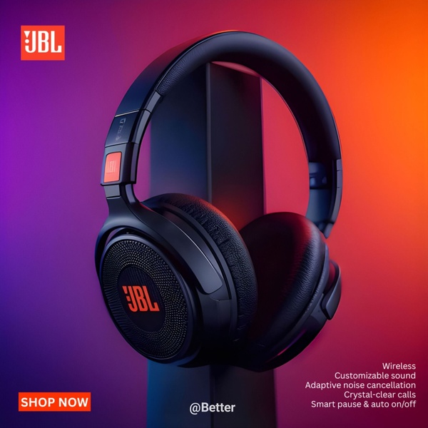 A high-contrast, professional product shot of wireless headphones positioned on a central display stand against a vibrant gradient background.
