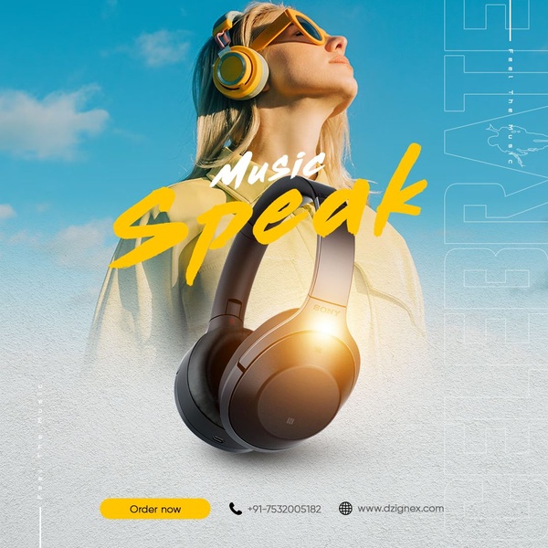 A high-energy lifestyle image featuring a person wearing over-ear headphones against a clear blue sky, emphasizing sound quality and personal freedom.