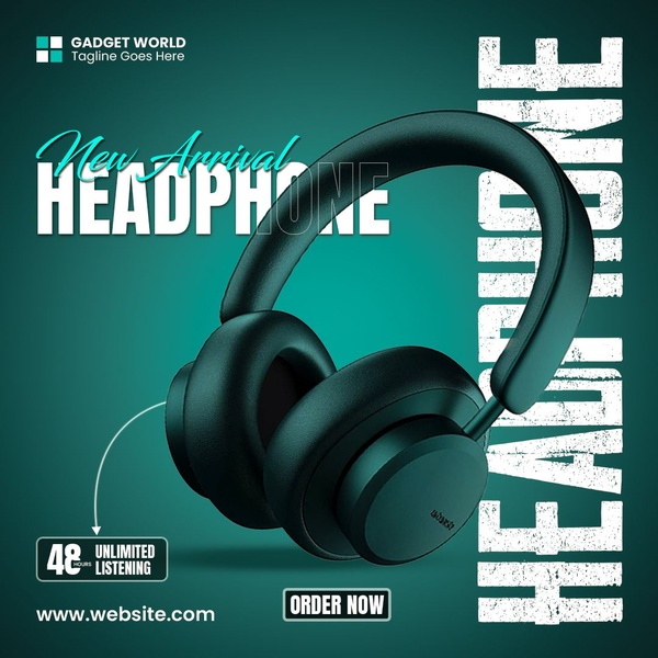 A high-impact product hero shot featuring premium over-ear headphones on a clean, atmospheric teal background with bold typography.