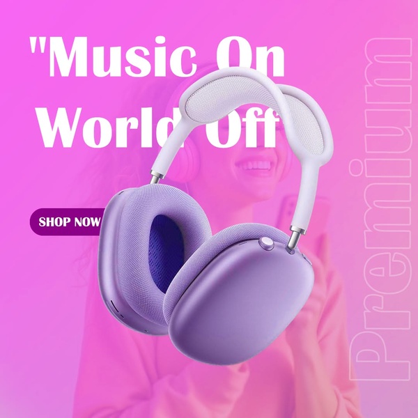 A high-contrast, pink-themed advertisement featuring premium wireless headphones with a concise lifestyle-focused hook.