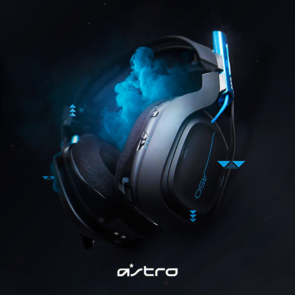 A high-end product shot of a gaming headset surrounded by blue cinematic smoke and digital geometric overlays against a dark background.