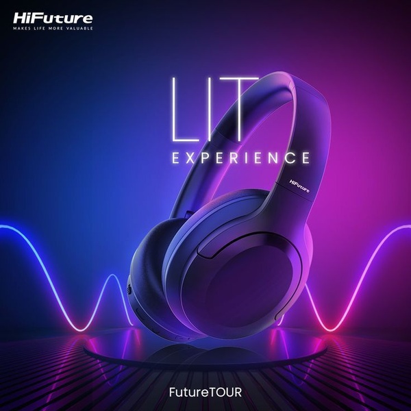 A striking square creative featuring dark, premium headphones centered on a neon-lit stage with abstract sound waves in the background.