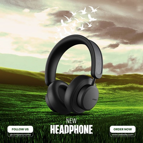 A clean, minimalist product shot of black headphones centered over a lush green field with a flock of birds flying above.