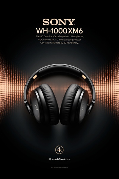 A high-end product hero shot of noise-canceling headphones centered against a dark background with vibrant sound wave visuals.